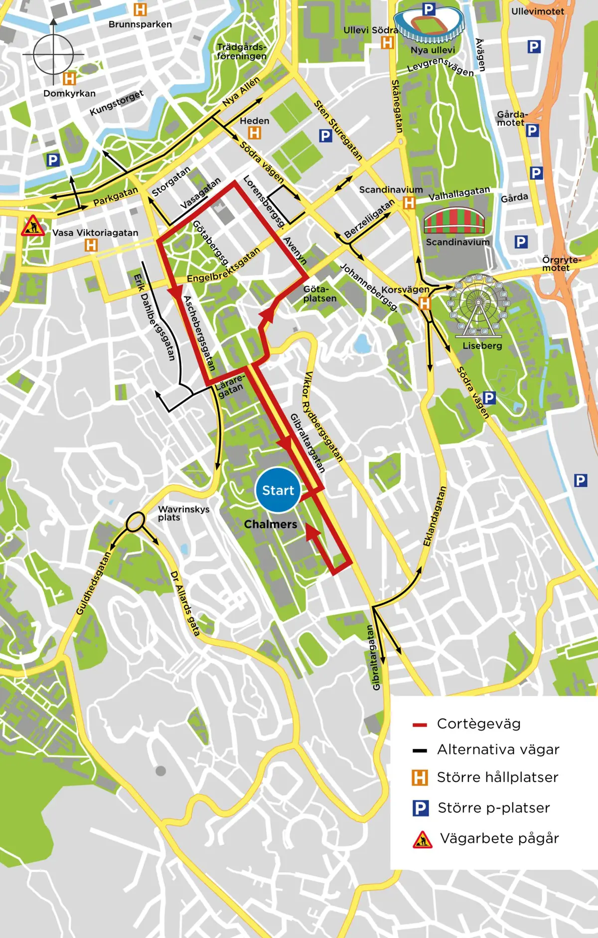 Karta som visar var Cortègen påverkar trafiken