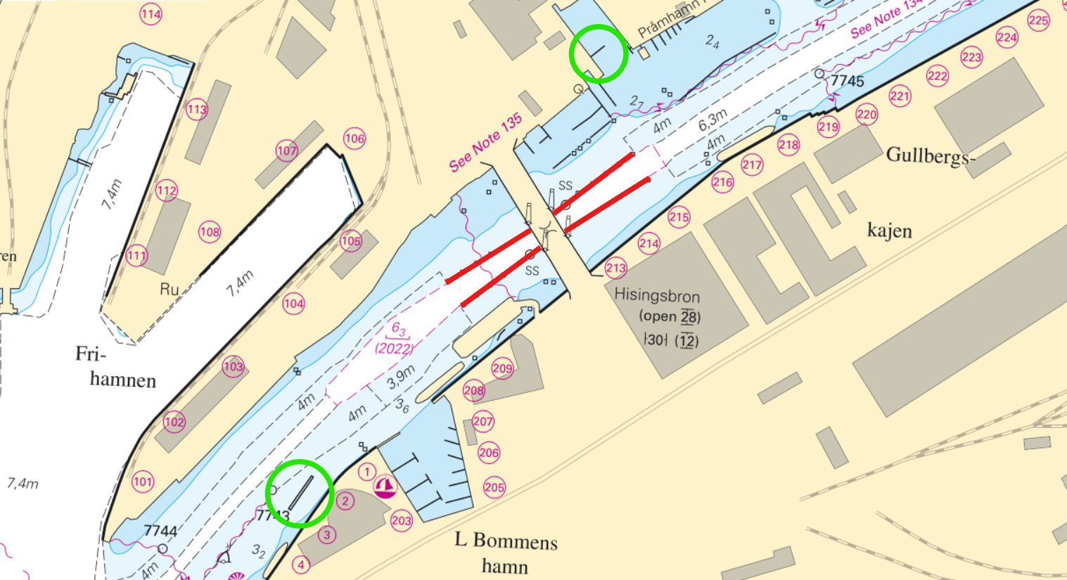 Karta över väntbryggor vid Hisingsbron i Göteborg