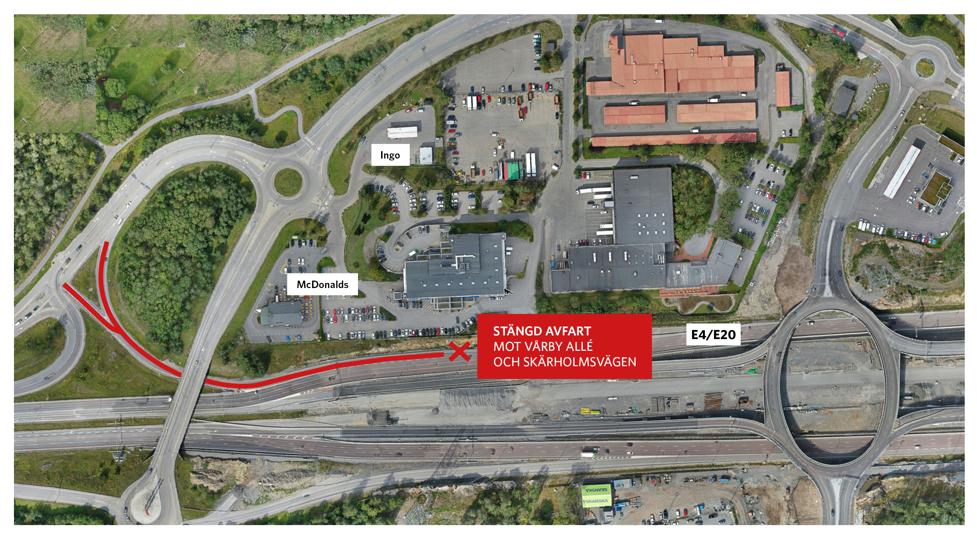 Bygget av E4 Förbifart Stockholm går framåt. Som ett första steg i ombyggnationen av trafikplats Lindvreten kommer avfarten i södergående riktning, till Vårby allé och Skärholmsvägen stängas 29 maj.