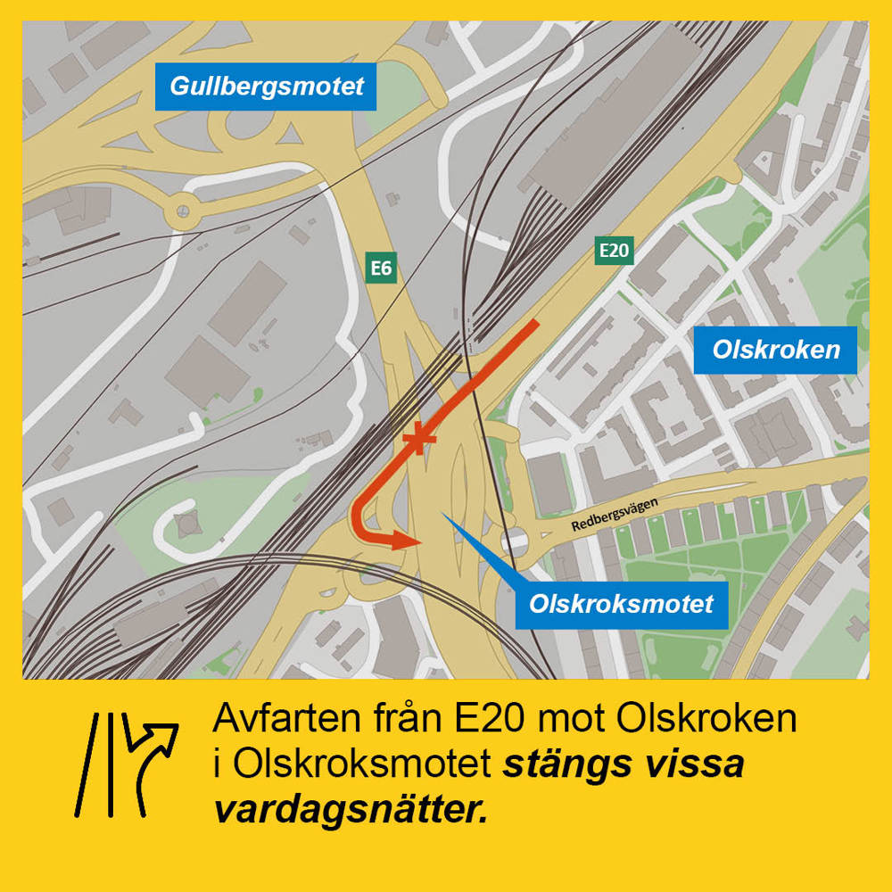 Karta som visar avstängd avfart i Olskroksmotet