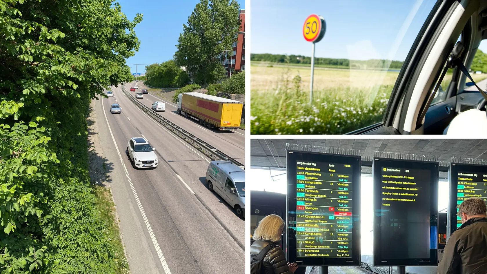 Kollage med tre bilder. Trafik från motorväg med grönskande natur. Inifrån en bild och utanför rutan syns en 50-skylt. En bild med en anslagstavla över tågavgångar.