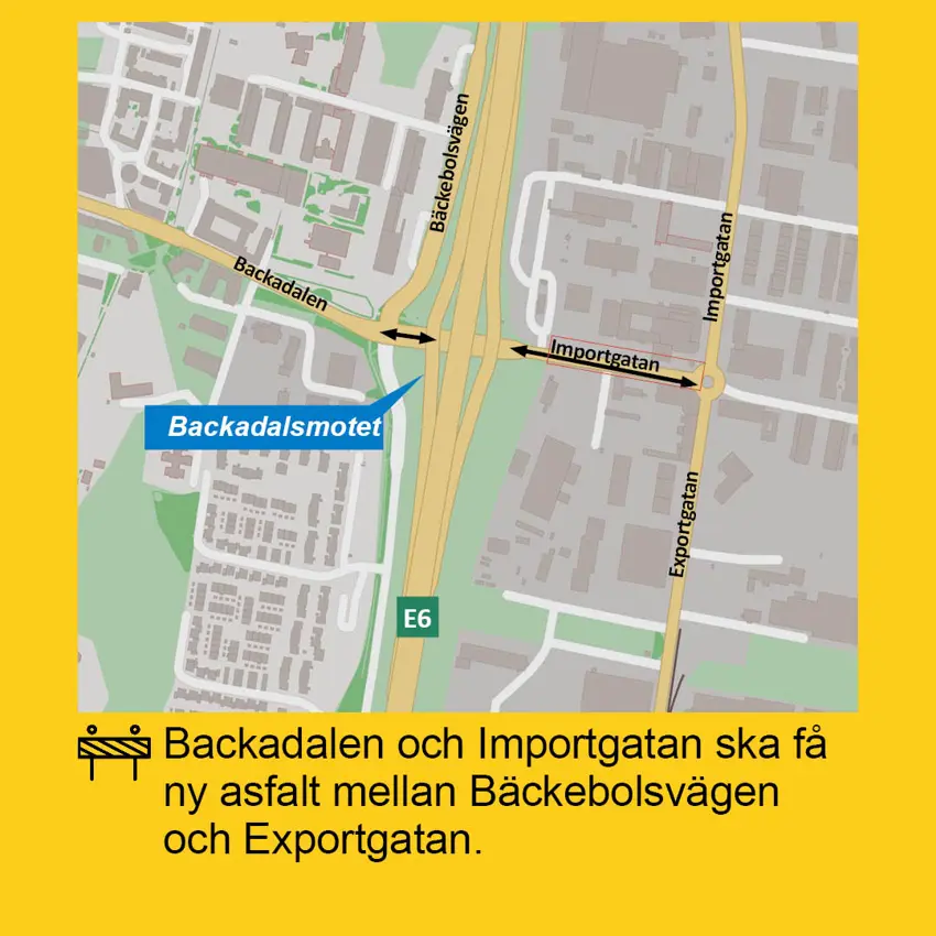 Karta över beläggningsarbete vid Backadalsmotet hösten 2026.
