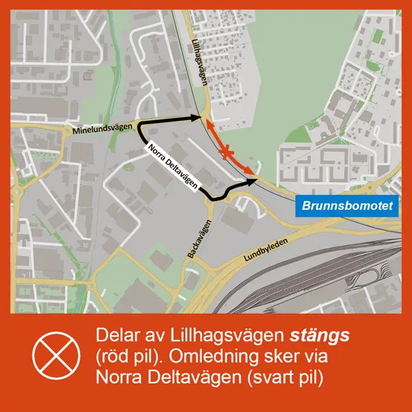 Kartan över avstängningen av Lillhagsvägen hösten 2025.