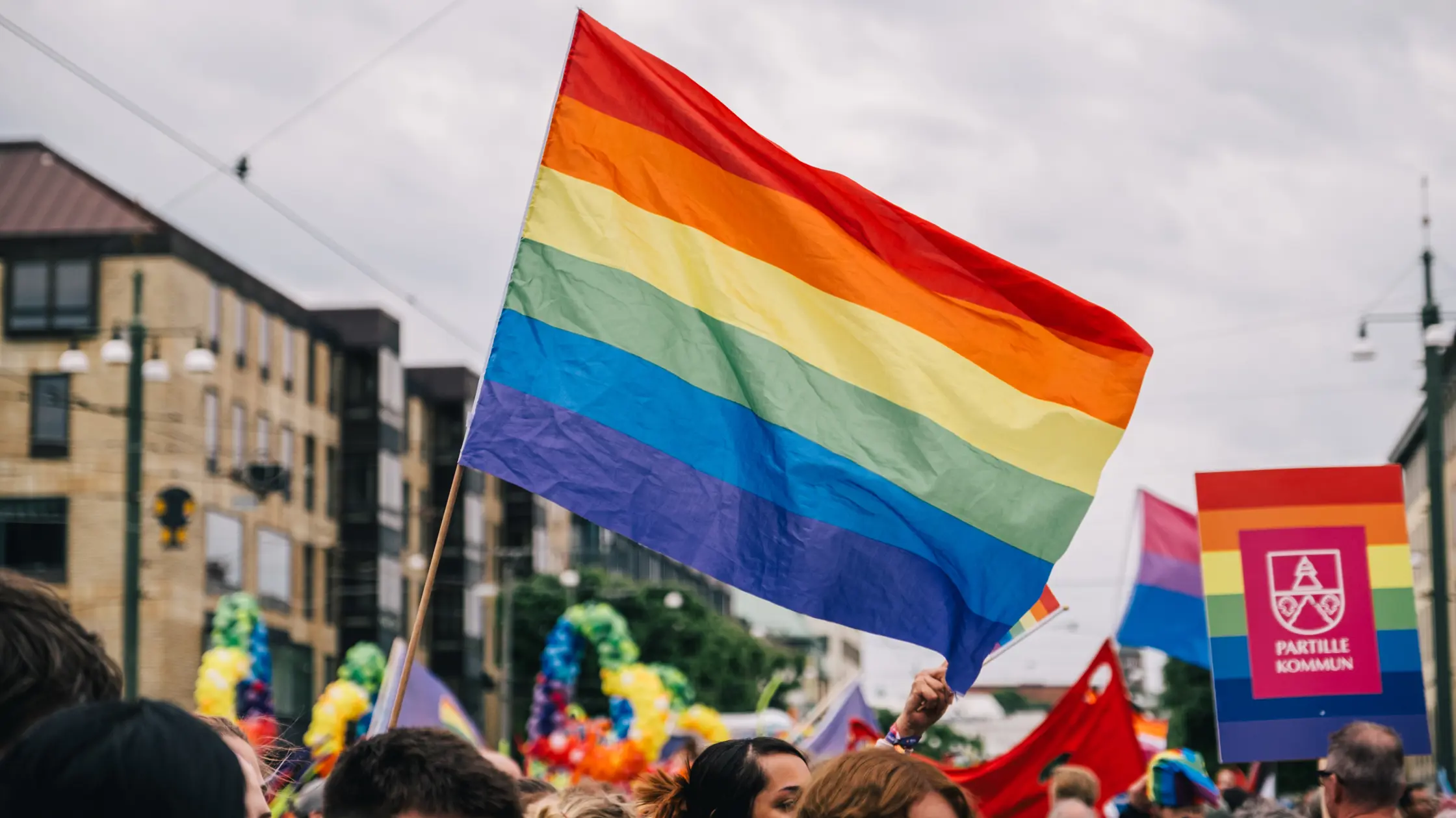Prideflaggan syns stort i bild. I nederkant ser man flera människor från pannan och upp.