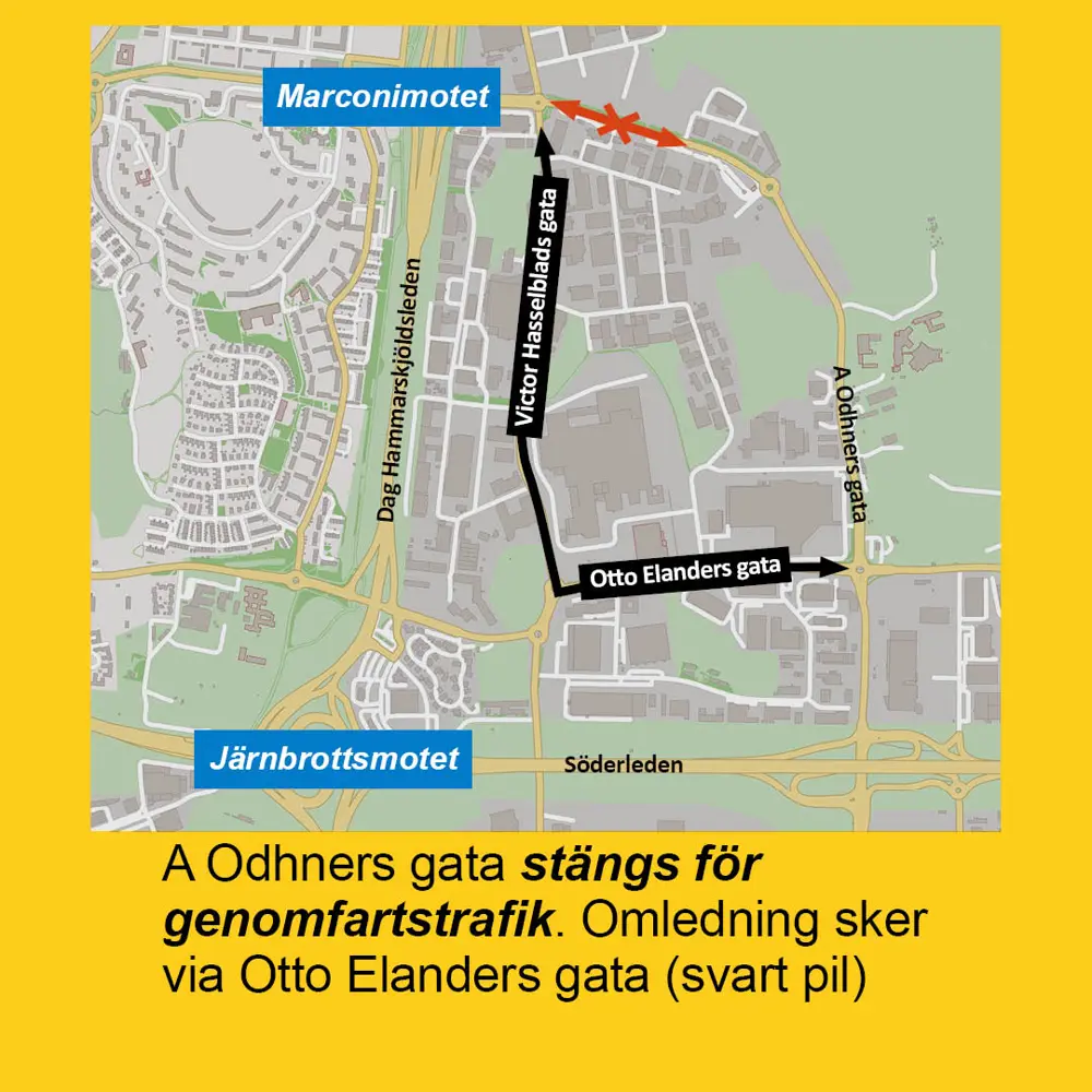 Karta som visar att A Odhners gata stängs för genomfart och att omledning sker via Otto Elanders gata.