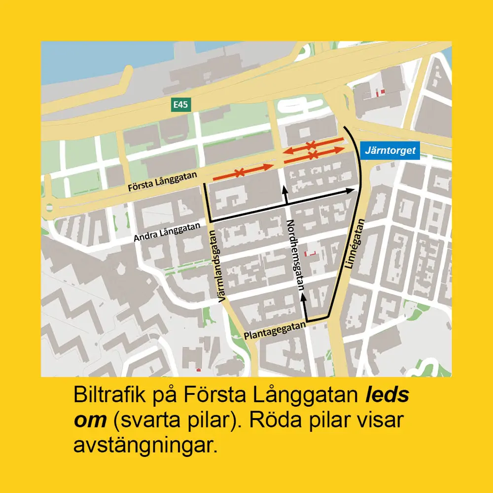 Karta som visar att Första Långgatan är stäng för biltrafik mellan Nordhemsgatan och Järntorget samt mellan Värmlandsgatan och Nordhemsgatan i riktning mot Järntorget.