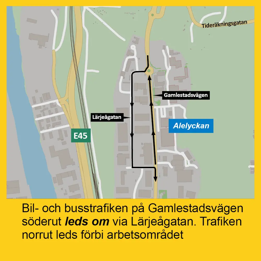 Karta som visar att trafiken på Gamlestadsvägen söderut leds om via Lärjeågatan i höjd med Alelyckan