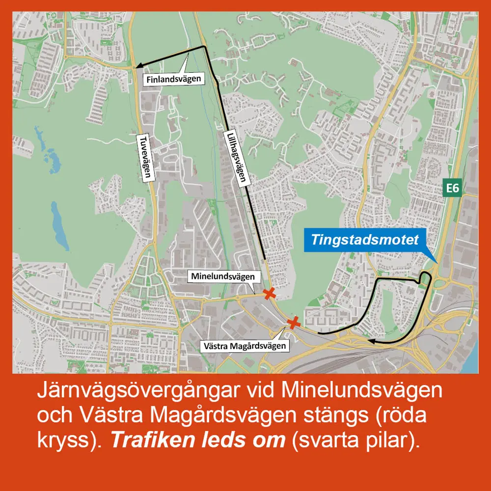 Karta som visar att järnvägskorsningarna vid Västra Magårdsvägen och Minelundsgatan stängs nattetid. Trafiken leds om.