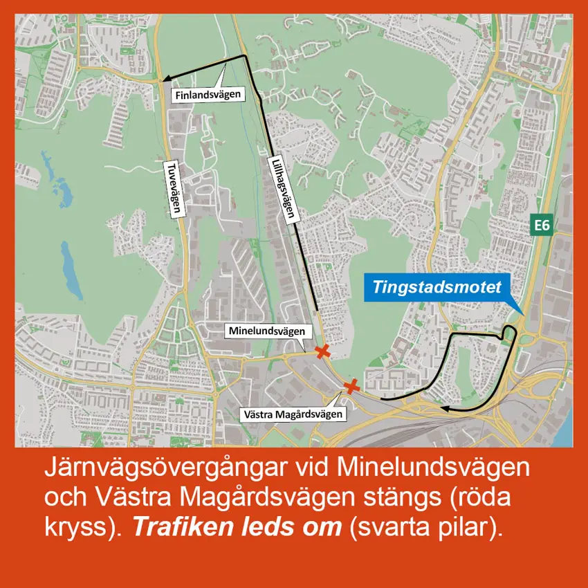 Karta som visar att järnvägskorsningarna vid Västra Magårdsvägen och Minelundsgatan stängs nattetid. Trafiken leds om.