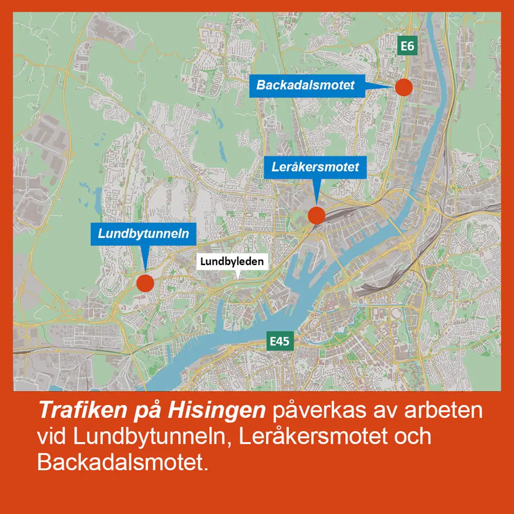 Karta som visar Lundbytunneln, Leråkersmotet och Backadalsmotet där trafiken kommer att påverkas samtidigt
