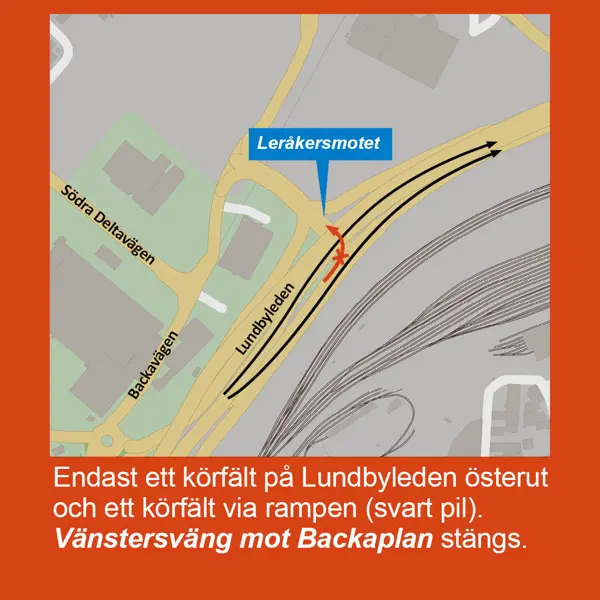 Karta som visar att endast ett körfält är öppet på Lundbyleden österut och ett körfält via rampen (svart pil).  Vänstersväng mot Backaplan stängs.