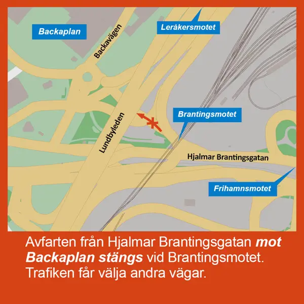 Karta som visar att avfarten från Hjalmar Brantingsgatan mot Backaplan i Brantingsmotet stängs