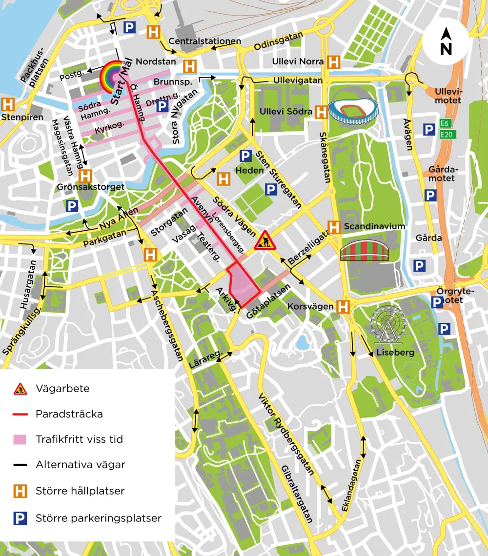 Karta som visar att Prideparaden 2026 går från Gustaf Adolfs Torg, vidare på Avenyn, vänder vid Götaplatsen och tillbaka till Gustaf Adolfs Torg
