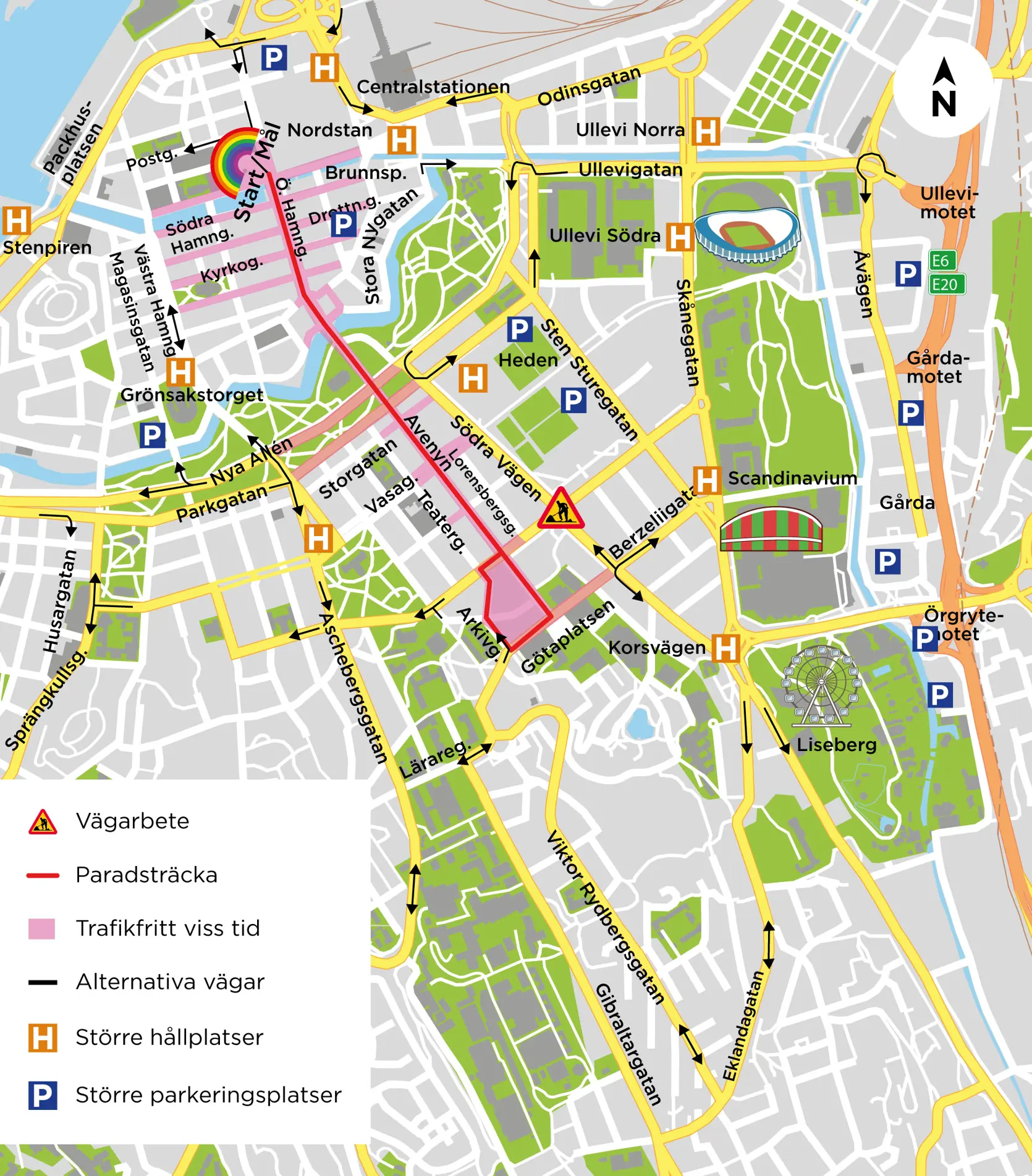 Karta som visar att Prideparaden 2026 går från Gustaf Adolfs Torg, vidare på Avenyn, vänder vid Götaplatsen och tillbaka till Gustaf Adolfs Torg