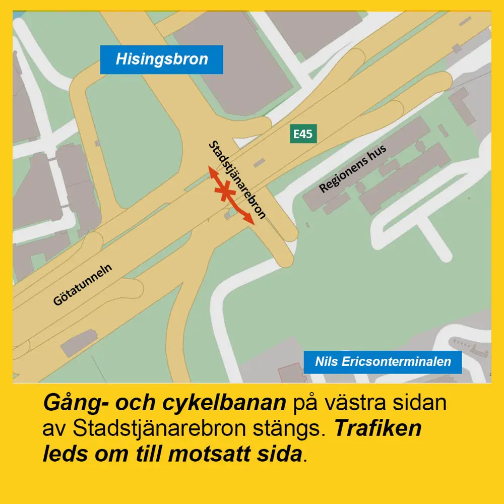 Karta som visar att den västra gång- och cykelbanan över Stadstjänarebron stängs.
