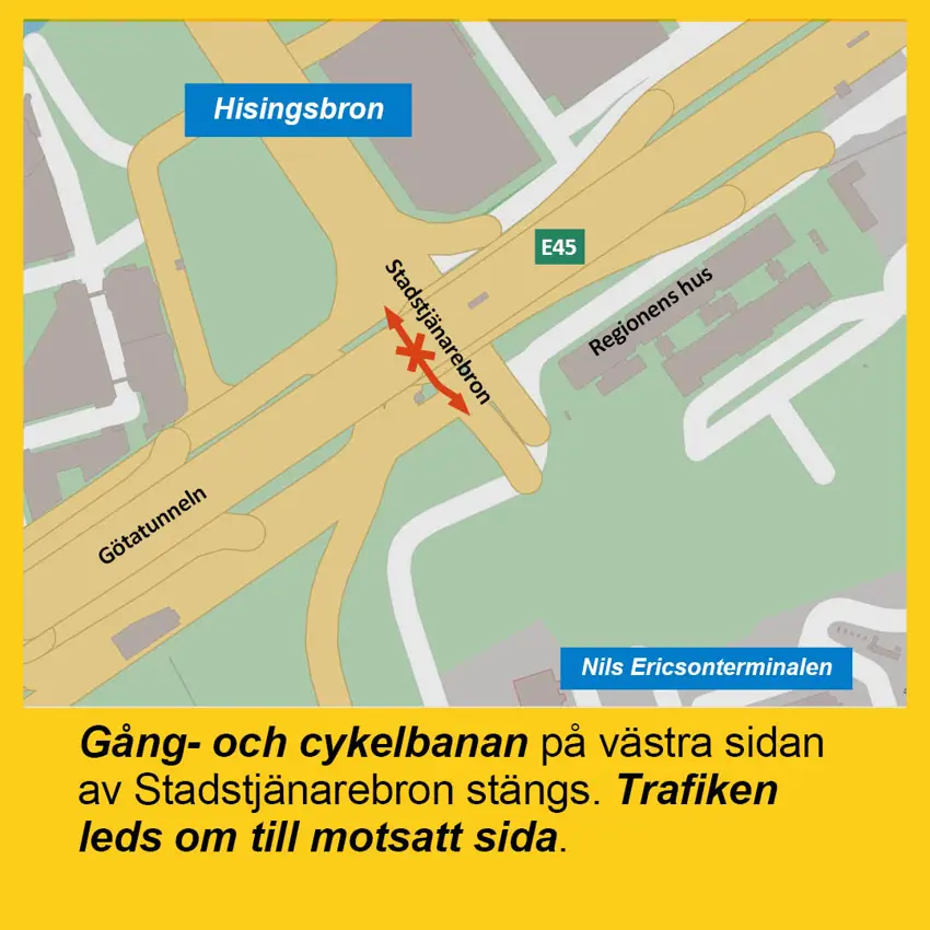Karta som visar att den västra gång- och cykelbanan över Stadstjänarebron stängs.