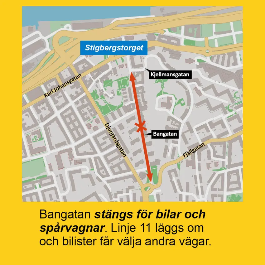 Karta som visar att Bangatan stängs mellan Djurgårdsgatan och Kjellmansgatan.