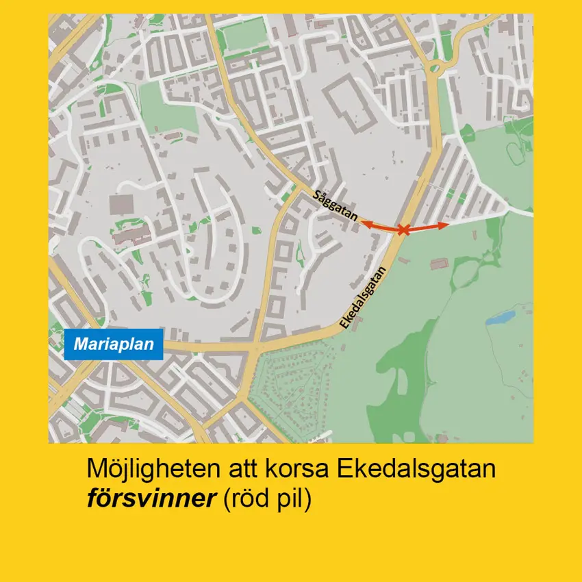 Karta som visar att du inte kan korsa spåret mellan Såggatan och Hålekärrsgatan.