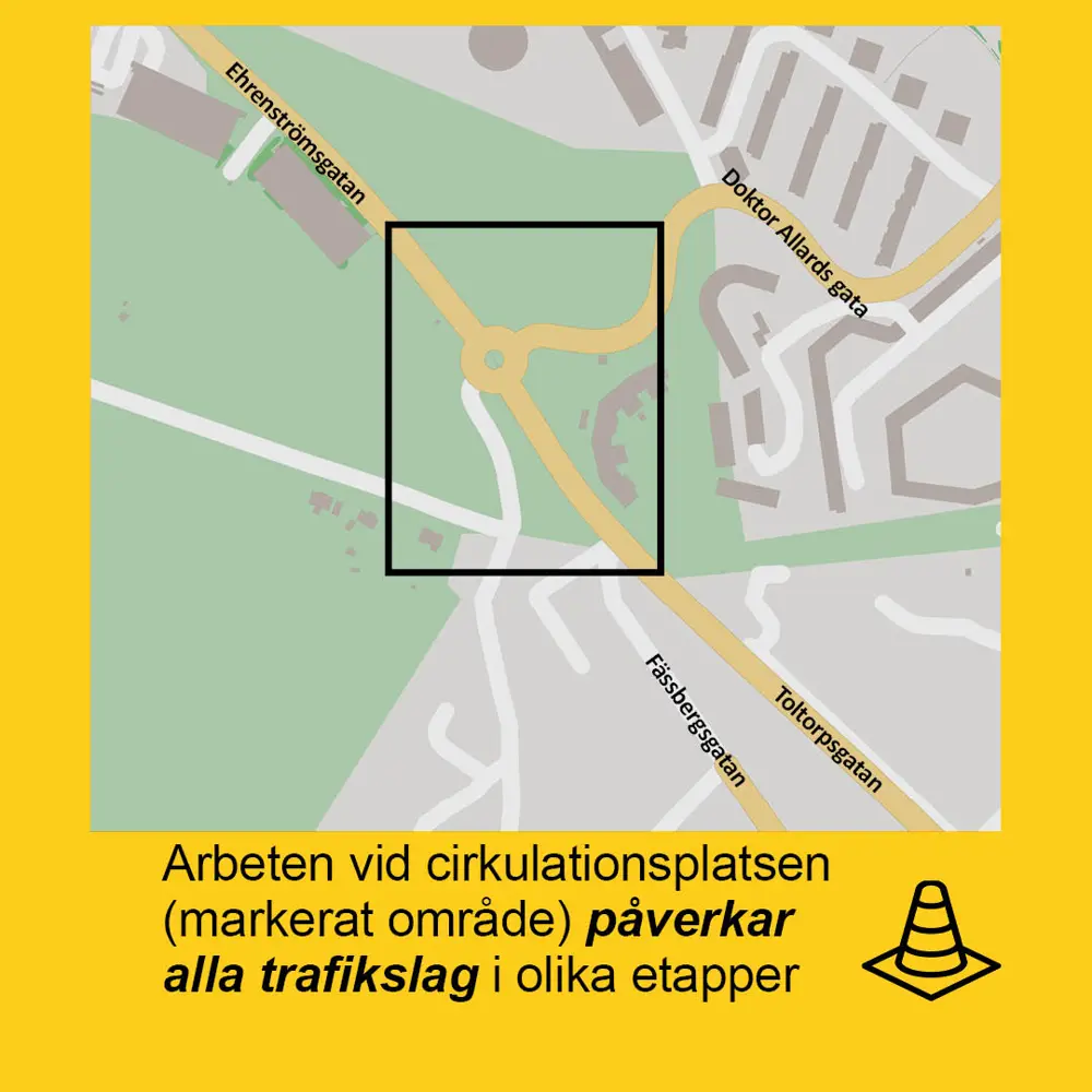 Karta visar ett markerat område mellan Ehrenströmsgatan, Toltorpsgatan och Doktor Allards gata där trafiken påverkas av ledningsarbeten