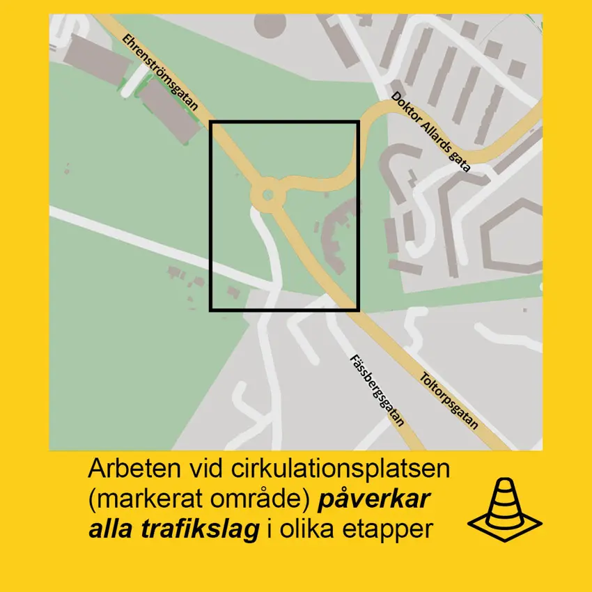 Karta visar ett markerat område mellan Ehrenströmsgatan, Toltorpsgatan och Doktor Allards gata där trafiken påverkas av ledningsarbeten