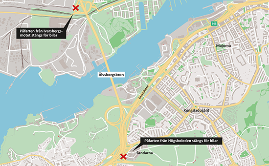 Karta visar Älvsborgsbron och vilka påfarter som stängs i samband med underhållsarbetet.