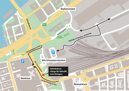Karta som visar var avstängningen sker på Nils Ericsonsgatan, men också vägen till Nordstans p-hus och Centralens parkering.