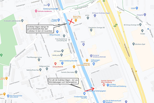 Karta som visar var Grafiska Vägen stängs för genomfartstrafik den 4 oktober till den 22 november.