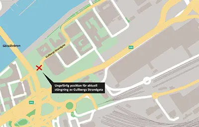 Karta som visar ungefär var Gullbergs Strandgata stängs tillfälligt för genomfartstrafik.  