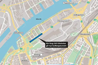 Karta som visar var nya Gullbergstunneln går längs E45 Götaleden.