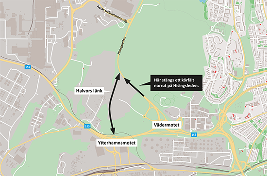 Karta som visar var ett körfält stängs av norrut på Hisingsleden.