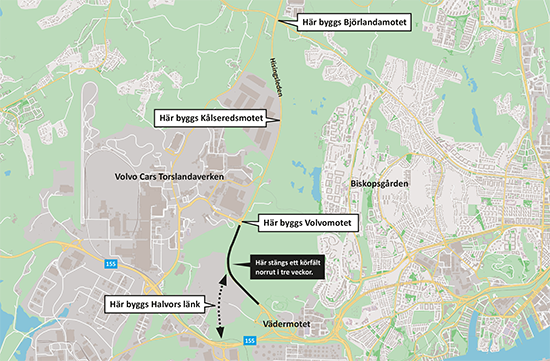 Karta som visar Hisingsleden och var ett körfält stängs och var de olika trafikplatserna byggs. 