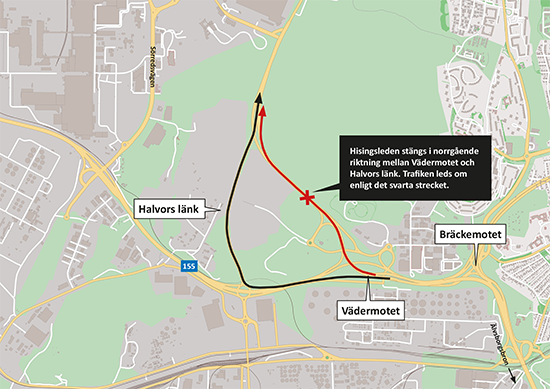 Karta som visar att den södra delen av Hisingsleden stängs norrut och att trafiken leds om via Halvors länk.