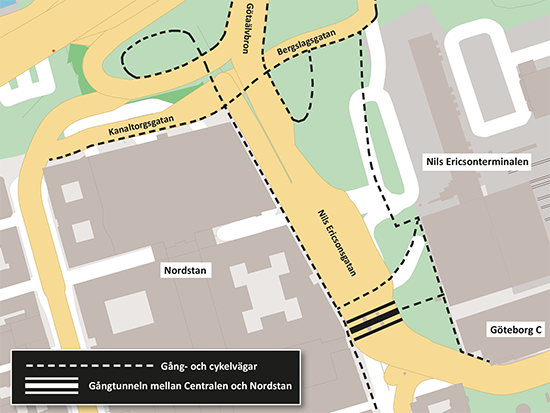 Karta som visar aktuella gång- och cykelvägar kring Nils Ericsonsgatan efter den 13 december 2020.