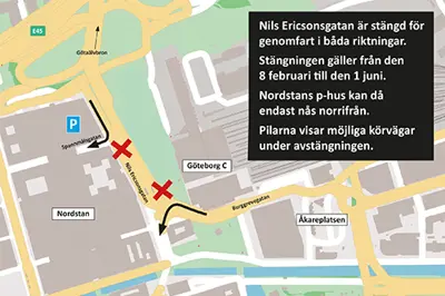 Kartan visar var Nils Ericsonsgatan är stängd för genomfartstrafik februari-juni. 