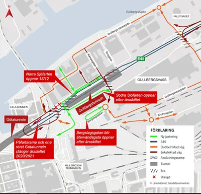 Karta som visar hur den nya delen av Norra Sjöfarten går från Stationsmotet till Nordstan/centrum.