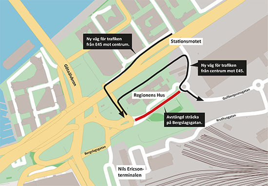 Karta som visar var Bergslagsgatan stängs och vilka omledningsvägar som gäller.