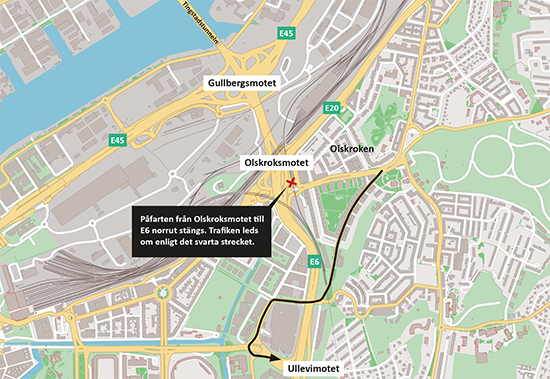 Karta som visar vilken påfart som stängs från Olskroksmotet till E6 norrut. Omledningvägen från Redbergsvägen till Ullevimotet är utmarkerad. 