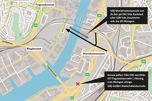 Kartan visar att rampen från E45 norrifrån till Tingstadstunneln mot Hisingen stängs samt alternativ körväg.