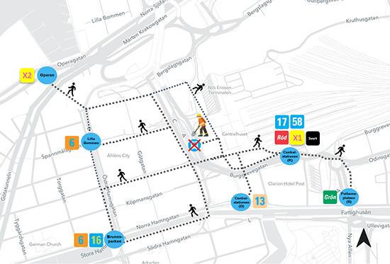 Västtrafiks karta som visar gångvägar till närliggande hållplatser i Centralenområdet.