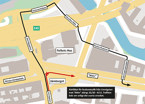 Karta över stängd anslutning från Linnégatan mot Järntorget
