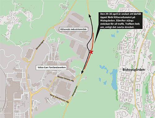 Karta över hur trafiken vid Kålseredsmotet leds om