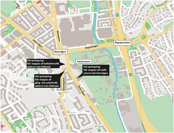Kartan visar aktuella avstängningar vid sprängning på Södra Vägen i höjd med Universeum