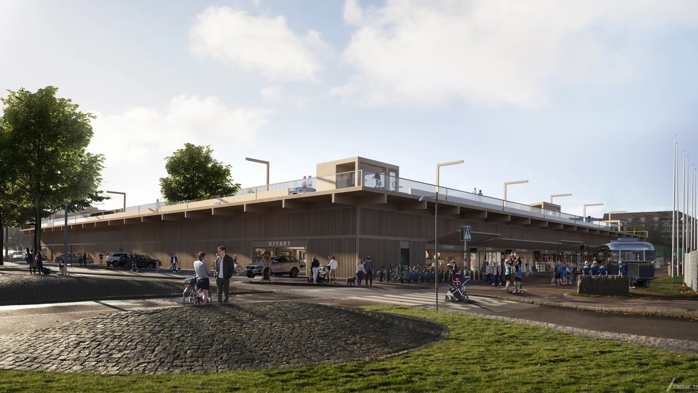 Visionsbild över det nya parkeringshuset på Heden med läktare och löparbana på taket. 